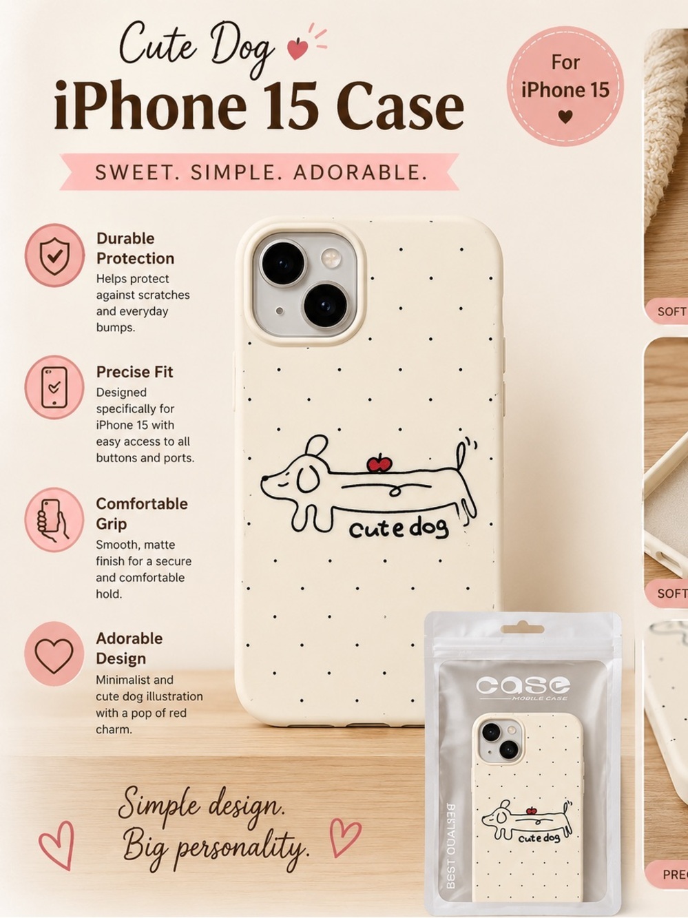 Cute Dog iPhone 15 Case - Cream with Red Accent